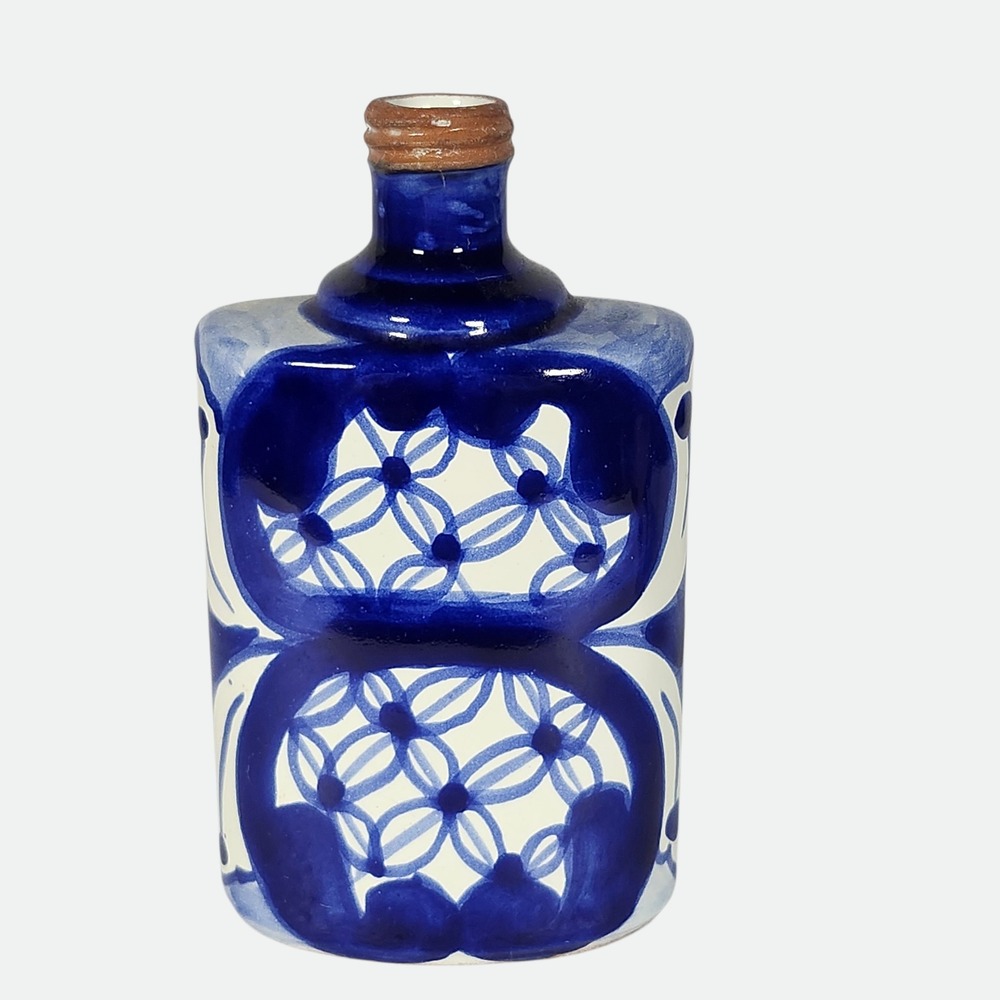 Mexican Talavera Pottery Bottle Flask Cobalt Blue White Hand Painted Mexico - Picture 9 of 11